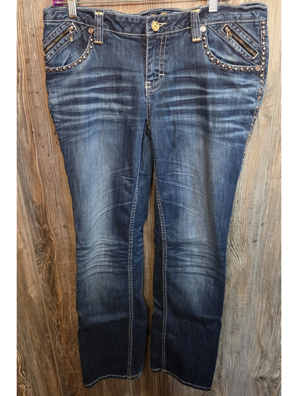 Coogi NYC Denim Blue Jeans Wmn Sz 15/16 (35x33) Studded Embellished Zipper Pkts